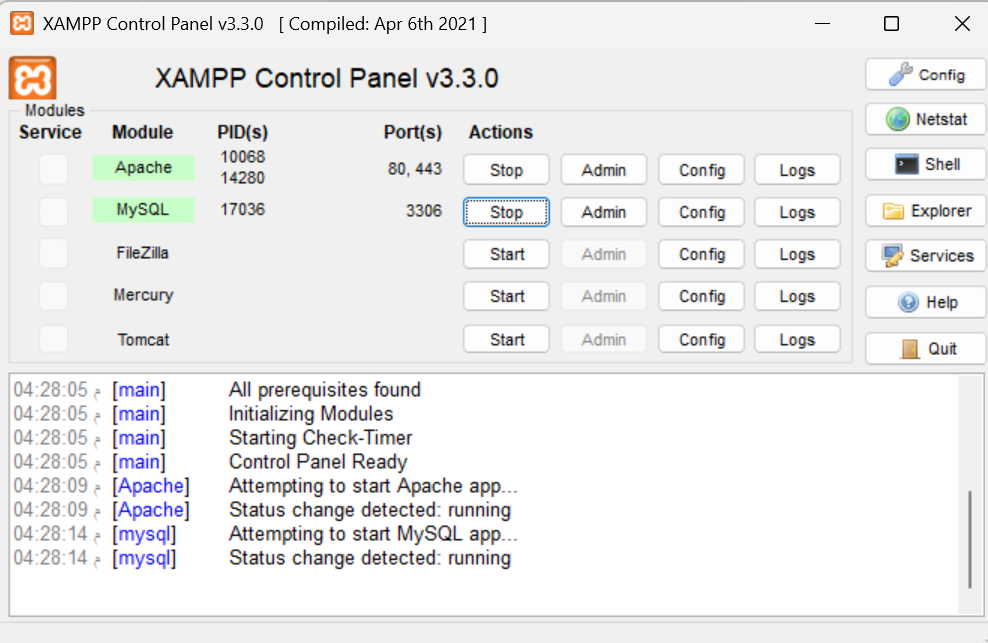 لوحة XAMPP Control Panel بعد تشغيل Apache و MySQL
