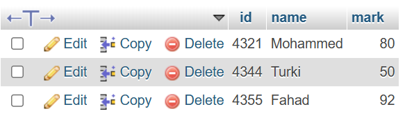 الجدول في phpMyAdmin بعد إضافة الطالب Fahad