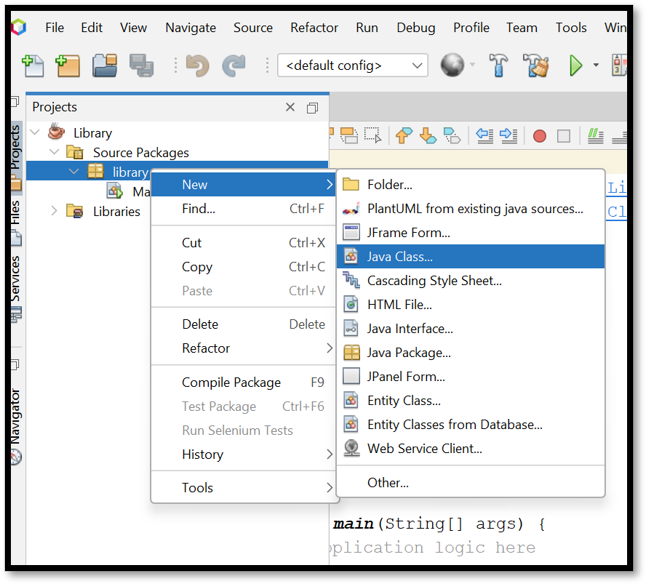 قائمة إنشاء كلاس جديد في NetBeans